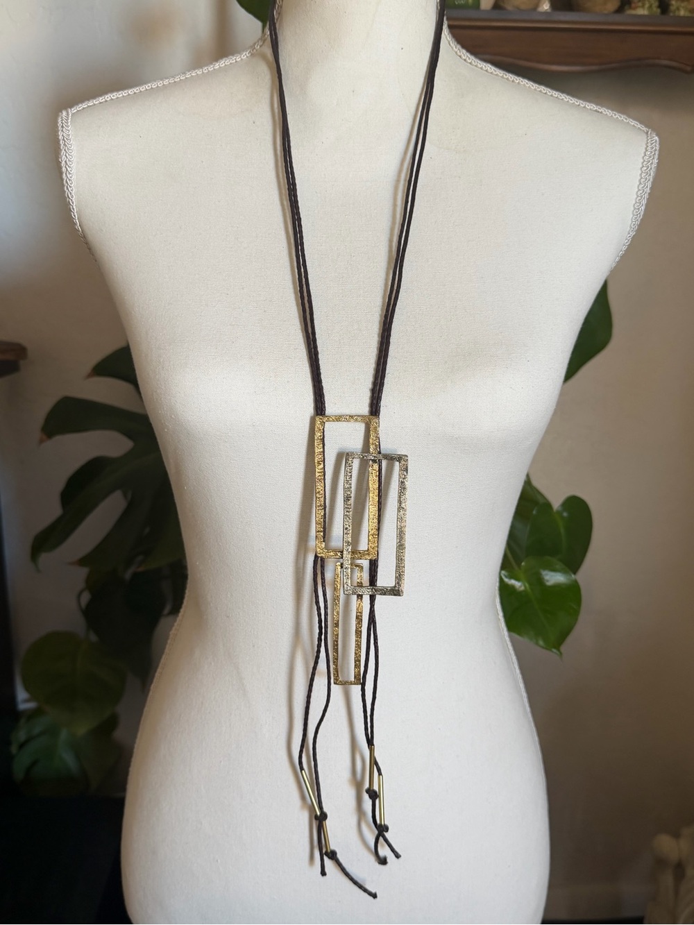 Vintage Gold & Silver Rectangular Hammered Metal Pendant Lariat Necklace